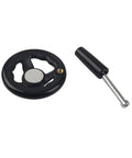 Rrina 4-inch round hand wheel and knob handle; black wheel, silver center, brass insert, and metal shaft with grip.