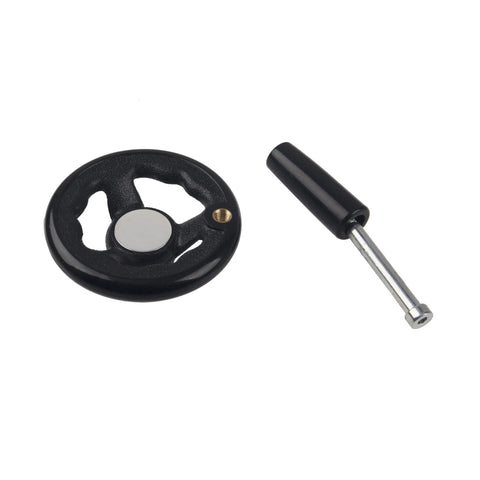 Rrina 4-inch round hand wheel and knob handle; black wheel, silver center, brass insert, and metal shaft with grip.