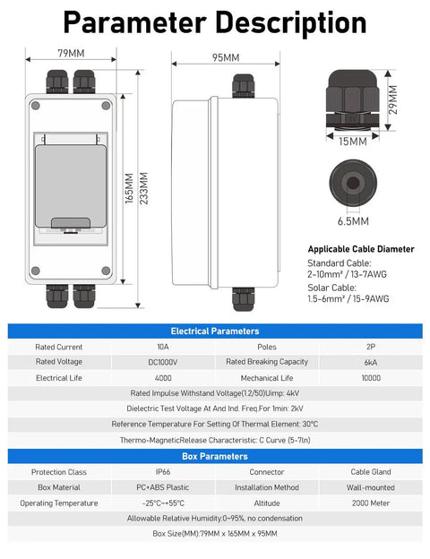 Pro Grade Solar Panel Disconnect Switch And 10 Amp DC 1000V RV Circuit Breaker Box with IP66 Weather Seal, dimensions and specifications.