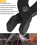 Close-up of flat tongs used in the Heavy Duty Beefy Blacksmith Tools Set For Knife Making With V Bit Blade Tongs Set And Forge Hammer Four Piece Vise Tools And Anvil Hammer For Bladesmiths And Metalworking, showing details of the jaw design.