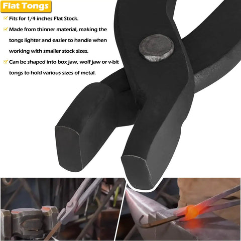 Close-up of flat tongs used in the Heavy Duty Beefy Blacksmith Tools Set For Knife Making With V Bit Blade Tongs Set And Forge Hammer Four Piece Vise Tools And Anvil Hammer For Bladesmiths And Metalworking, showing details of the jaw design.