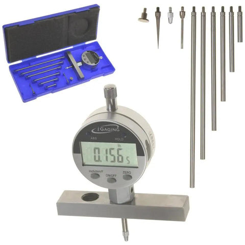 Digital Depth Gauge Indicator With 0 To 22 Inch Range 0.0005 Inch Resolution Two Position Base Inches Millimeters And Fractions AGD Standard Accuracy Electronic Depth Gauge For Precision Machining And Metalworking, showing gauge with extensions and case