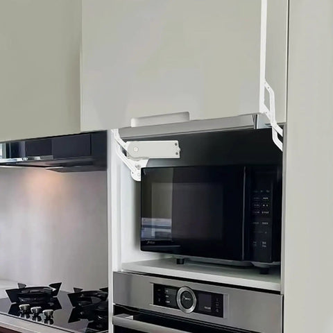 Soft-Close Hydraulic Cabinet Door Hinges with Adjustable Dampers installed on kitchen cabinet above microwave