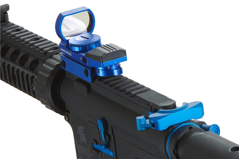 Gen 2 M4 SD Blue Carbine AEG Airsoft Rifle with Red Dot Sight and Picatinny rail, blue accents shown
