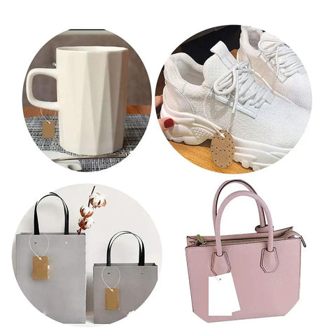 1000 Piece 7 Inch Clear Plastic Tag Fasteners used on mugs, shoes, and bags for easy price labeling in retail.