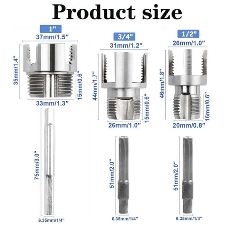 Versatile 4 In 1 Water Pipe Wrench With Integrated Internal And External Threading Tool Compatible With Electric Drill For PVC Pipes sizes 1 inch, 3/4 inch, and 1/2 inch.