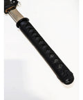 Close-up of the handle of a 30.5 Inch Full Tang Wakizashi Samurai Sword With 65Mn Spring Steel Blade Oil Tempered Edge Faux Leather Wrapped Scabbard Ergonomic 10 Inch Handle Minimalist Hamidashi Tsuba Durable Martial Arts Sword For Collectors And Practitioners