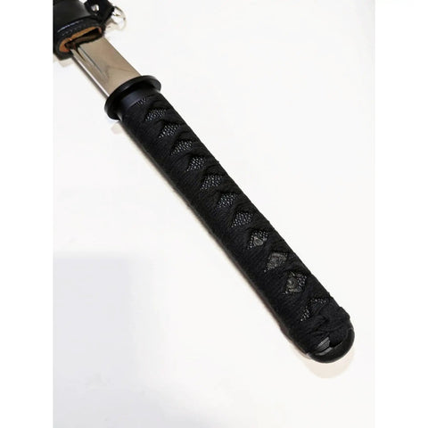 Close-up of the handle of a 30.5 Inch Full Tang Wakizashi Samurai Sword With 65Mn Spring Steel Blade Oil Tempered Edge Faux Leather Wrapped Scabbard Ergonomic 10 Inch Handle Minimalist Hamidashi Tsuba Durable Martial Arts Sword For Collectors And Practitioners