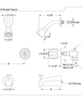 Technical drawing of Americana 8 Inch Twin Handle Center Tub And Shower Valve In Polished Chrome Featuring Brass Construction.