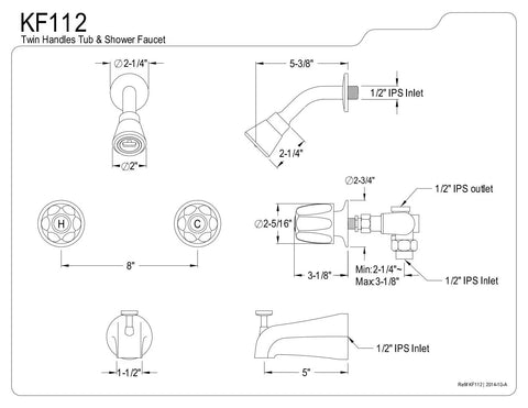 Technical drawing of Americana 8 Inch Twin Handle Center Tub And Shower Valve In Polished Chrome Featuring Brass Construction.