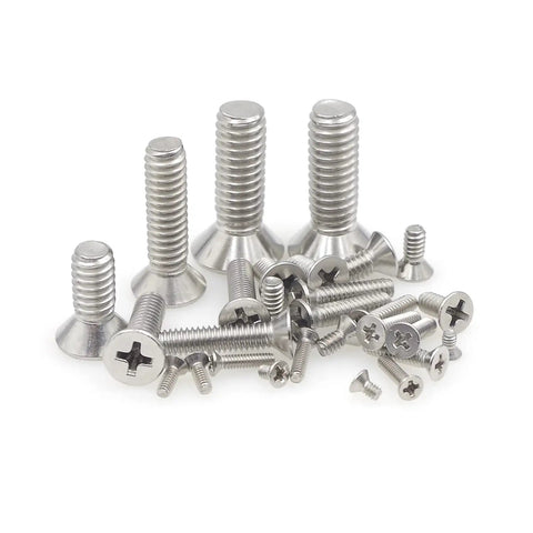 Premium 304 Stainless Steel Phillips Flat Head Machine Screw Assortment Pack showing assorted screws in various sizes and shapes.