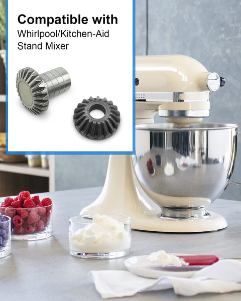 Beveled Gears Set For KitchenAid Stand Mixers Beefed Up Replacement Kit displayed next to stand mixer with kitchen ingredients