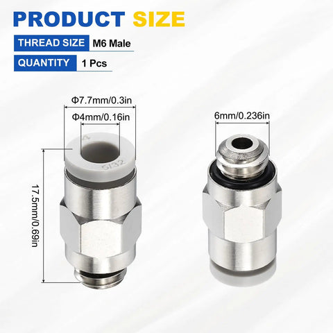 Push To Connect Fittings For 0.16 Inch Tube M6 Male Thread Quick Connect Air Line Adapter Nickel Plated Brass Straight Pneumatic Connector Plug And Play White Finish with measurements.