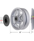 Heavy-duty v-groove caster wheel with dimensions, 6 inch diameter, 2 inch width, silver finish, for industrial carts and equipment
