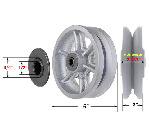 Heavy-duty v-groove caster wheel with dimensions, 6 inch diameter, 2 inch width, silver finish, for industrial carts and equipment