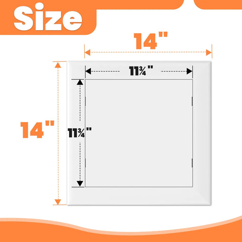 Peel And Stick 12 X 12 Inch Drywall Access Panel Hides Ugly Wall Holes And Messy Plumbing Straight Up Easy Install Smooth Paintable Abs Plastic dimensions showing 14x14 inches and 11.75 inches.