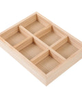 Six Compartment Pine Wood Jewelry Tray, Rustic Desktop Catch All For Rings And Necklaces, interior view showing six compartments.