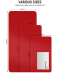 Bright Red Desk Pad 23.6 By 13.8 Inch PU Leather Non Slip Desk Mat shown in various sizes, including measurements for each.