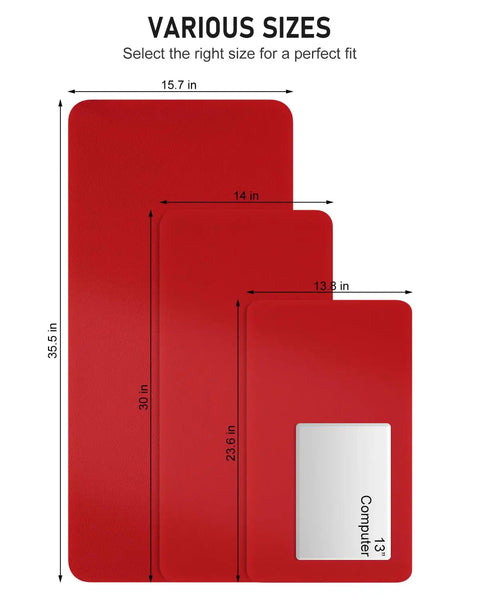 Bright Red Desk Pad 23.6 By 13.8 Inch PU Leather Non Slip Desk Mat shown in various sizes, including measurements for each.