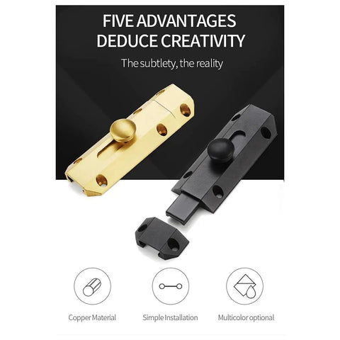 Genuine Solid Copper Door Slide Latch And Heavy Duty Barrel Bolt Lock For Home Gate Security showing copper and black finishes.