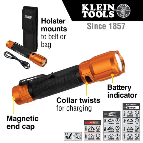 Rechargeable 3 In 1 LED Flashlight With Spotlight Floodlight And Red LEDs 1000 Lumens USB Cable Included, holster and charging collar.