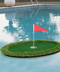 Floating Pool Golf Green Chipping and Putting Mat with flag on water for poolside practice
