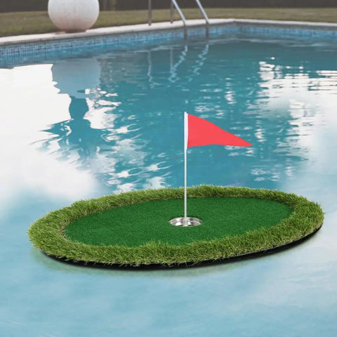 Floating Pool Golf Green Chipping and Putting Mat with flag on water for poolside practice