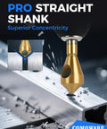 Close-up of Beefy Titanium Coated Chamfer Tool in use on metal, 90-degree countersink, ideal for precise chamfering on drill presses.