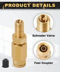 Two Pack Schrader Valve Adapter With Push To Connect Button For One Quarter Inch OD Air Hose Fittings For Semi Trucks And Trailers DOT Certified High Pressure Inflation Valve Up To Two Hundred PSI with cap and close-up of valve and coupler