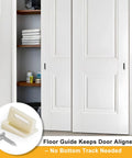 10 Pack Pocket Door Bottom Guides For Carpeted Floors Jamb Mounted 1.125 Inch Universal Fit Angled Design Reduces Friction And Scraping For Smooth Sliding Of Pocket And Sliding Doors shown with doors and guide inset.