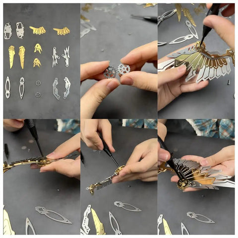 Epic 3D Metal Falcon Puzzle Kit With 279 Stainless Steel Pieces Steampunk Bird Build For Adults DIY Biomimetic Predator Model Hands On STEM Flight Mechanism Project Premium Silver Gift, hands assembling gold and silver parts