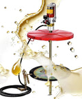 Heavy Duty 50 To 1 Pneumatic Grease Pump With Rugged Rum Cover And Quick Follower Plate in action with oil splashes.