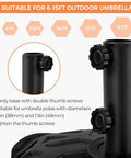 Close-up of vertical pole on fillable mobile umbrella base with 2 knobs for outdoor deck use, 123 lb capacity black checkered.