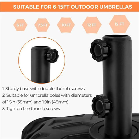 Close-up of vertical pole on fillable mobile umbrella base with 2 knobs for outdoor deck use, 123 lb capacity black checkered.