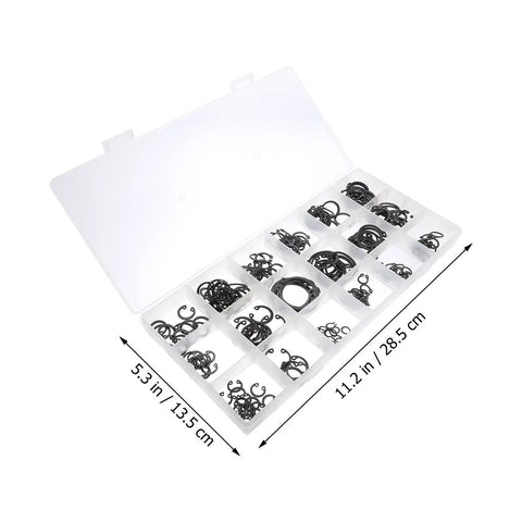 Pro Grade 225 Piece Carbon Steel C Shape External Snap Ring Kit in plastic case with dimensions for industrial shafts