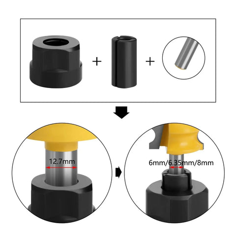 Heavy Duty C Nut Collet Adapter For CNC Router And Carving Machine ER Clamp Fits 12mm, showing details of size and fit adjustments.