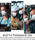 Three people wearing NIOSH Certified N95 Particulate Respirator Mask Pack of 30 Made in USA with Dual Headbands and Adjustable Nose Clip for 95 Percent Filtration of Non Oil Based Particles Easy On The Face Everyday Protection in different work environments.