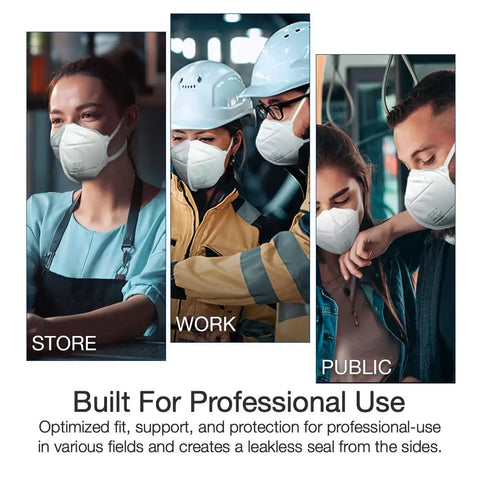 Three people wearing NIOSH Certified N95 Particulate Respirator Mask Pack of 30 Made in USA with Dual Headbands and Adjustable Nose Clip for 95 Percent Filtration of Non Oil Based Particles Easy On The Face Everyday Protection in different work environments.