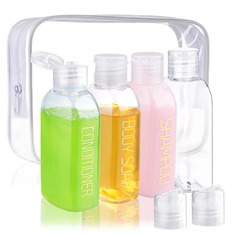 Leakproof Travel Bottles 4 Pack 3.4 Oz TSA Approved Squeeze Containers labeled for Shampoo, Conditioner, Body Soap with caps and clear bag
