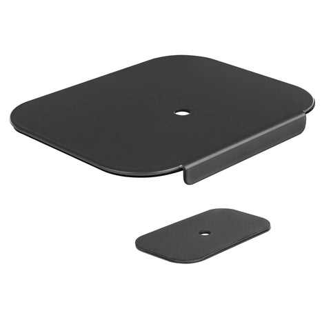 Built Tough Steel Monitor Mount Reinforcement Plate, black metal with round hole, secures monitors to prevent desk cracks.
