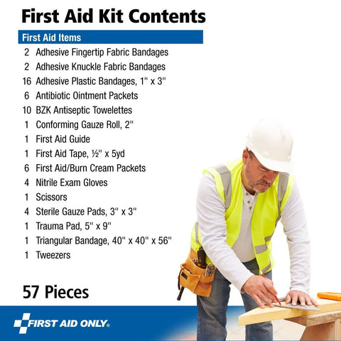 First Aid Kit contents with 57 pieces; construction worker in high-visibility vest and white hard hat at a workbench.