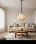 Beige Transitional Scallop Bell Lamp Shade With Spider Construction 6 Inch Top 17 Inch Bottom 12 Inch Slant Jacquard Fabric With Fringe
