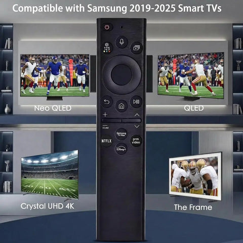 Voice Remote Replacement For Samsung Smart TV With Easy Setup And Voice Control Netflix Disney Plus And Prime Video Buttons Universal Remote For Frame Neo QLED Crystal UHD QLED The Serif The Sero 2019 To 2025 TVs shown against TVs