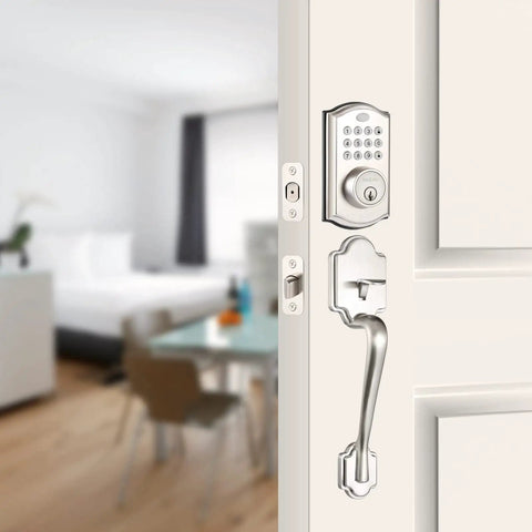 Keypad Deadbolt Lock With Backlit Keypad For Keyless Entry, Satin Nickel on apartment door, battery powered
