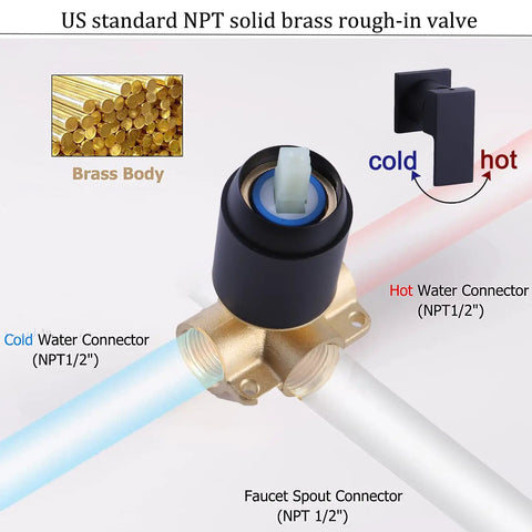 Matte Black Wall Mount Tub Filler Faucet with Extra Long Spout, Single Handle Bathtub Set showing brass valve and connectors