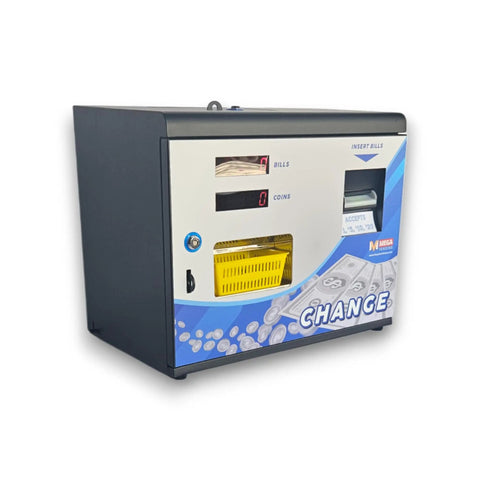 Dollar Bill To Coin Change Machine Black For Laundromats, Arcades And Vending Spots, Accepts One, Five, Ten, Twenty, Fifty, And One Hundred Dollar Bills, Dispenses Quarters Or Tokens, Compact Wall Mountable Unit With Front Door Access