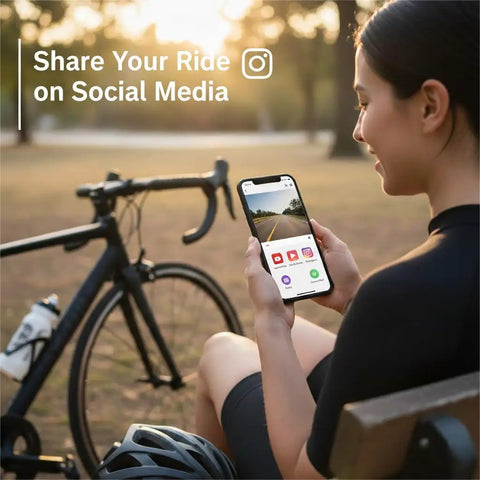 Cyclist using smartphone with 4K Bike Camera With GPS Tracking And Integrated Cycling Computer Headlight, bike in background