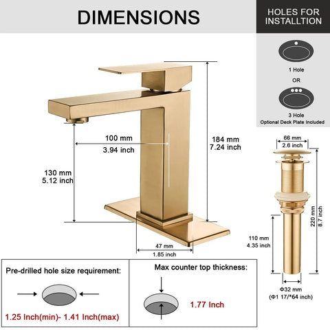 Dimensions of Brushed Gold One Hole Bathroom Faucet With Pop Up Drain showing measurements and installation details.