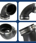 Flexible Elbow Coupling With Stainless Steel Clamps For 4 Inch Nominal Pipe 4.5 Inch Inner Diameter Built To Last Durable DWV Sewer And Drain Connector For Cast Iron Plastic Copper Lead And Steel Indoor Outdoor Black, black elbow connector