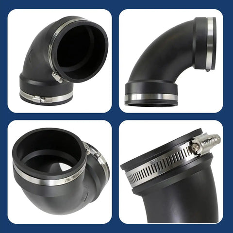 Flexible Elbow Coupling With Stainless Steel Clamps For 4 Inch Nominal Pipe 4.5 Inch Inner Diameter Built To Last Durable DWV Sewer And Drain Connector For Cast Iron Plastic Copper Lead And Steel Indoor Outdoor Black, black elbow connector